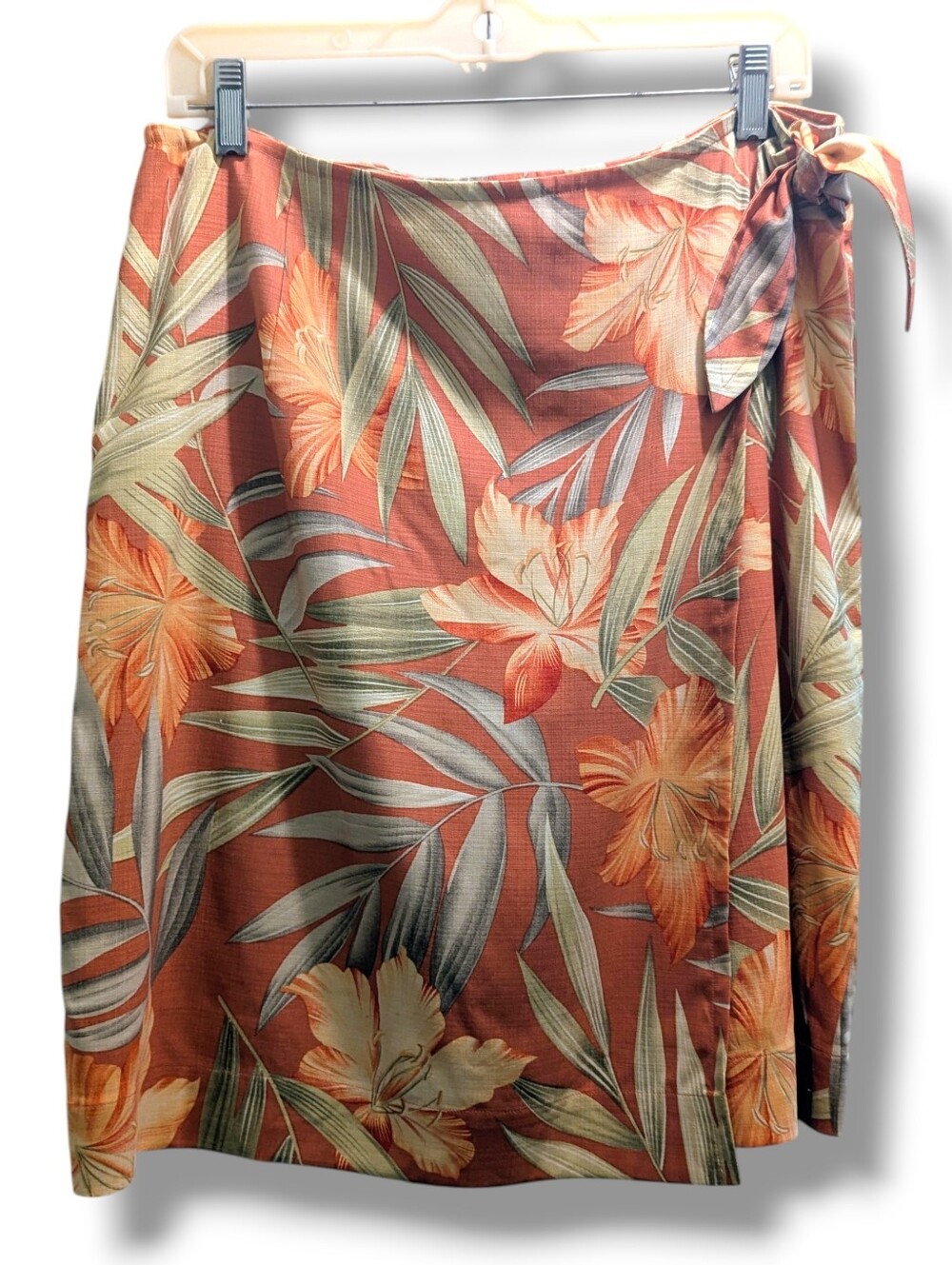 Tommy Bahama Vintage Silk Blend Terracotta Hawaiian Print Side Tie Wrap Skirt- L